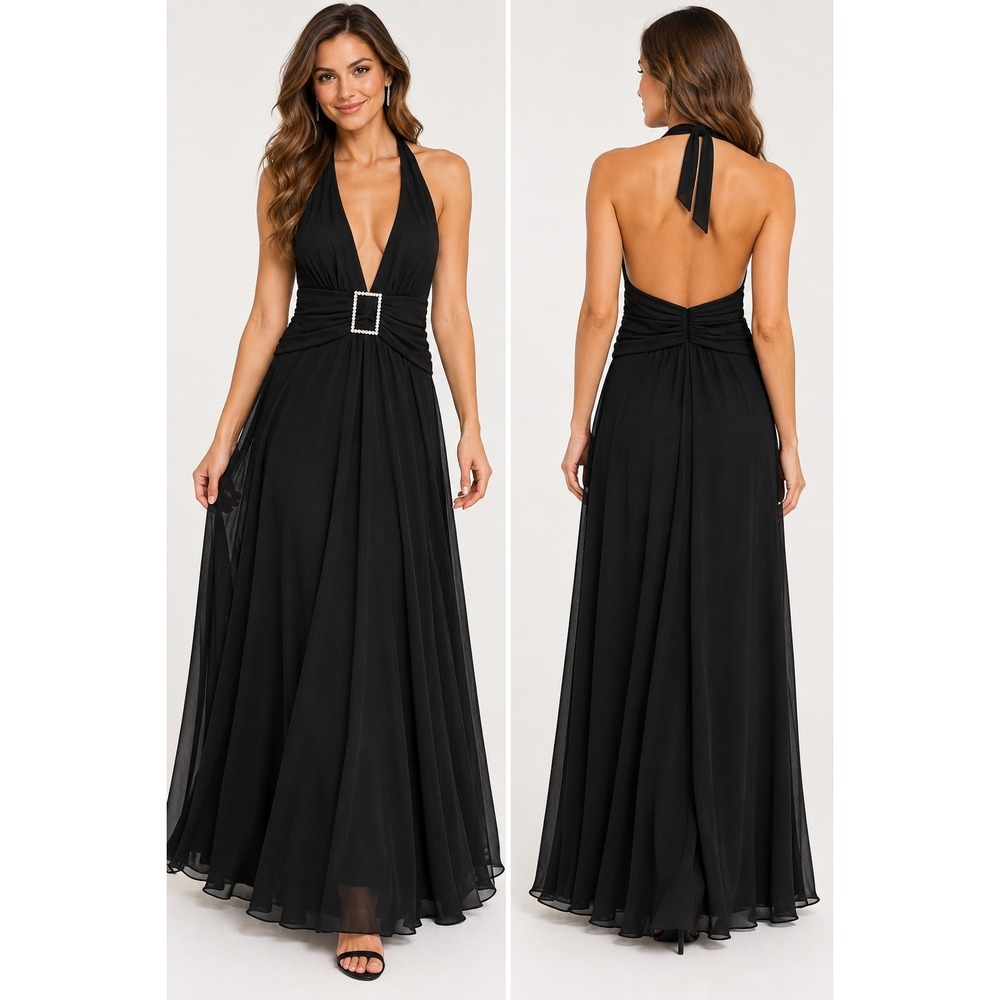 B. Darlin Black Halter Gown Rhinestone Buckle Mesh Overlay Formal Dress 11/12